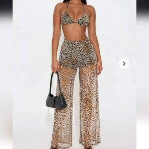 Fashion Nova Leopard Sheer Two-Piece Wide-Leg Pantsuit - Brown/Black/Cream